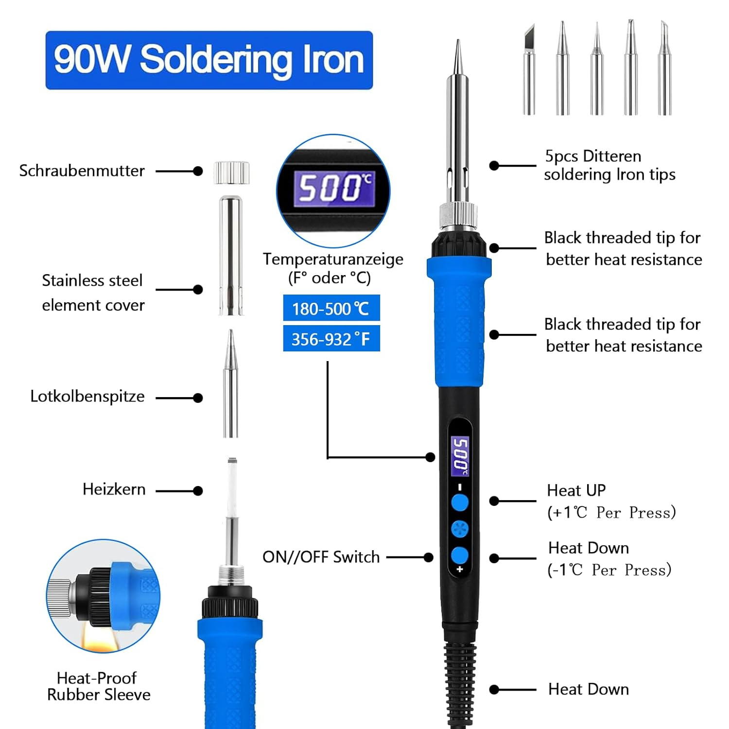 Soldering Station 90 W with LCD Temperature Control (180-500 &deg;C) - Soldering Iron Set Including 5 Soldering Tips, Desoldering Pump, Side Cutters, Soldering Stand and Tweezers - Welding Accessories image number 1