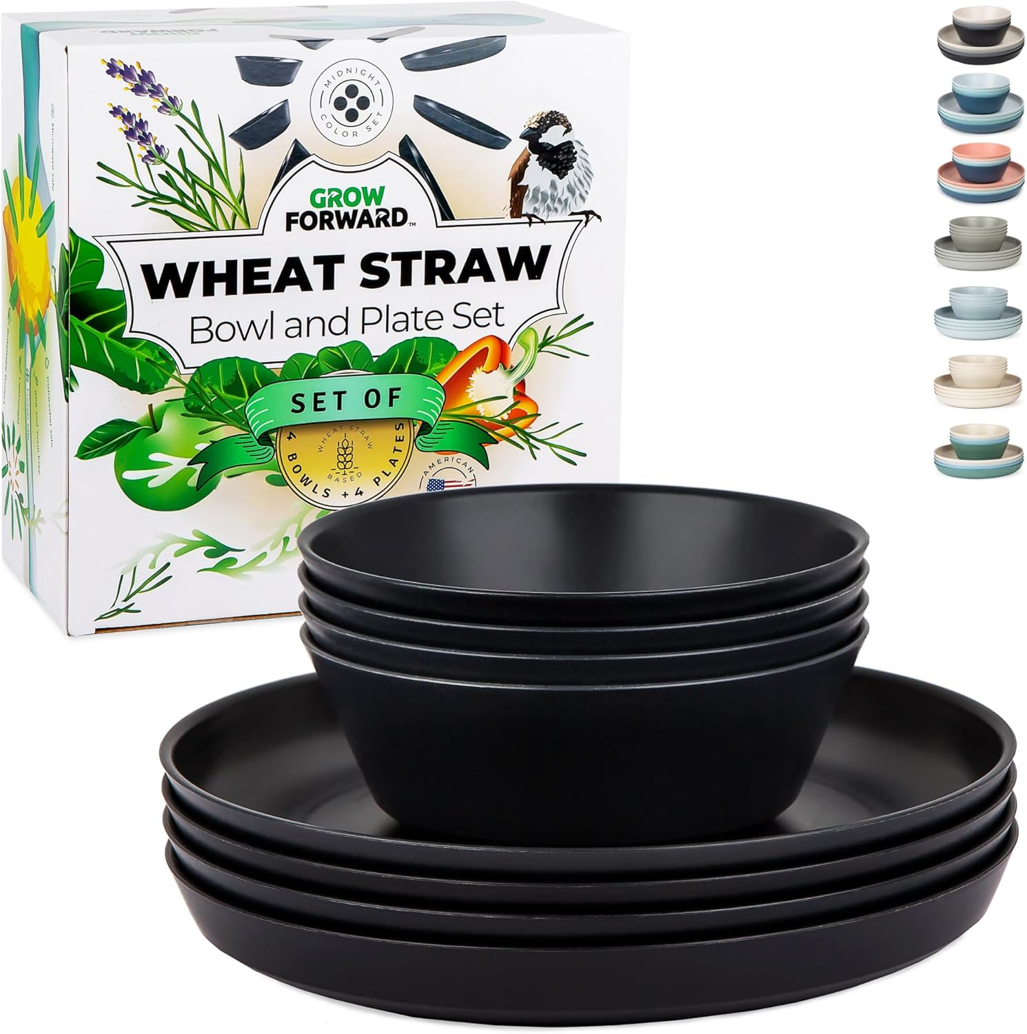 Grow Forward Premium Wheat Straw Plates and Bowls Sets - 8 Unbreakable Microwave Safe Dishes - Reusable Wheat Straw Dinnerware Sets - Plastic Plates and Bowls Alternative for Camping, RV - Midnight