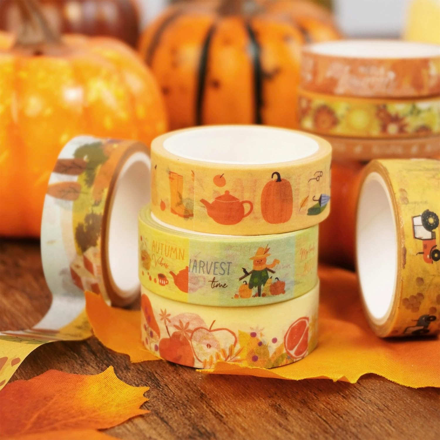 YUBX Autumn Washi Tape Set 18 Rolls Fall Printed Embellishment Yellow Decorative Masking Tapes for Arts, DIY Crafts, Journals, Planners, Scrapbook, Wrapping