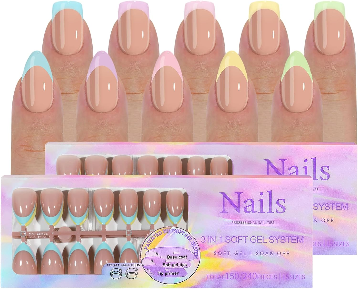 Blue French False Nails, 2 * 240 Pcs Professional Nail Tips, Fake Nails Blue Tip French False Nail Kit, Press on Nails, French Tip Gel for Nail Art DIY, 3D Fake Nail for Women Girls image number 1