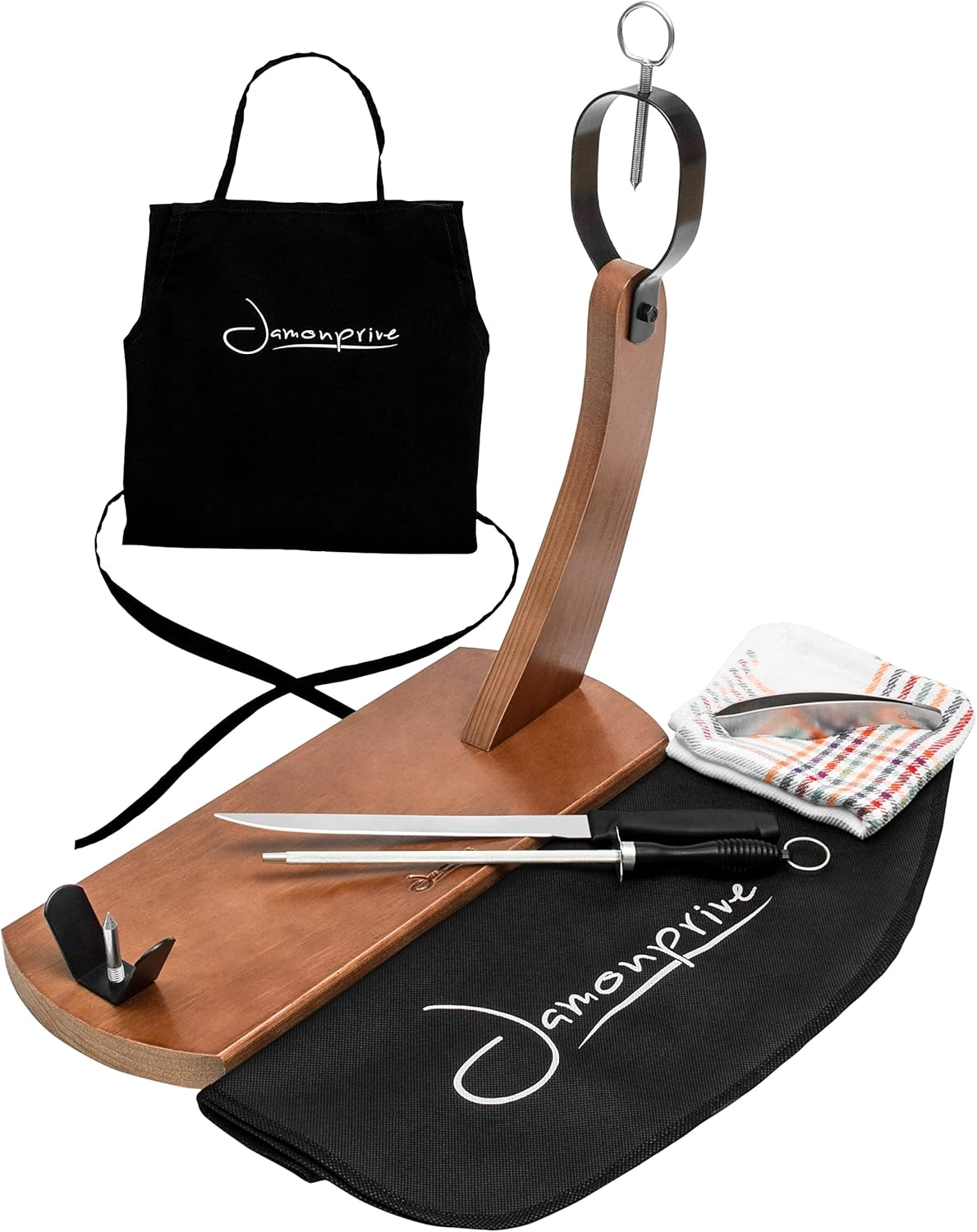 Jamonprive Professional Ham Stand Lacquered with Ham Knife + Sharpening Steel + Ham Cover + Kitchen Cloth + Apron + Tongs - Ham Holder Ideal for Serrano Ham, Iberico Ham and Italian Prosciutto - image number 5