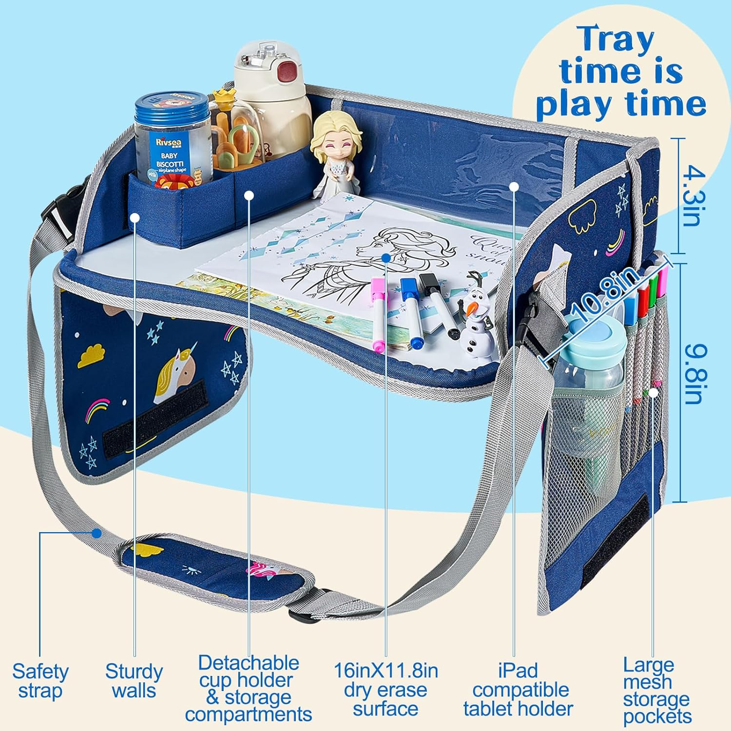 Kids Travel Tray, Car Seat Play Tray for Toddler, Auto Backseat Table Holder Tray for Kids Roadtrip Essentials, Adjustable Portable Children Car Desk Organizer (Blue) image number 6