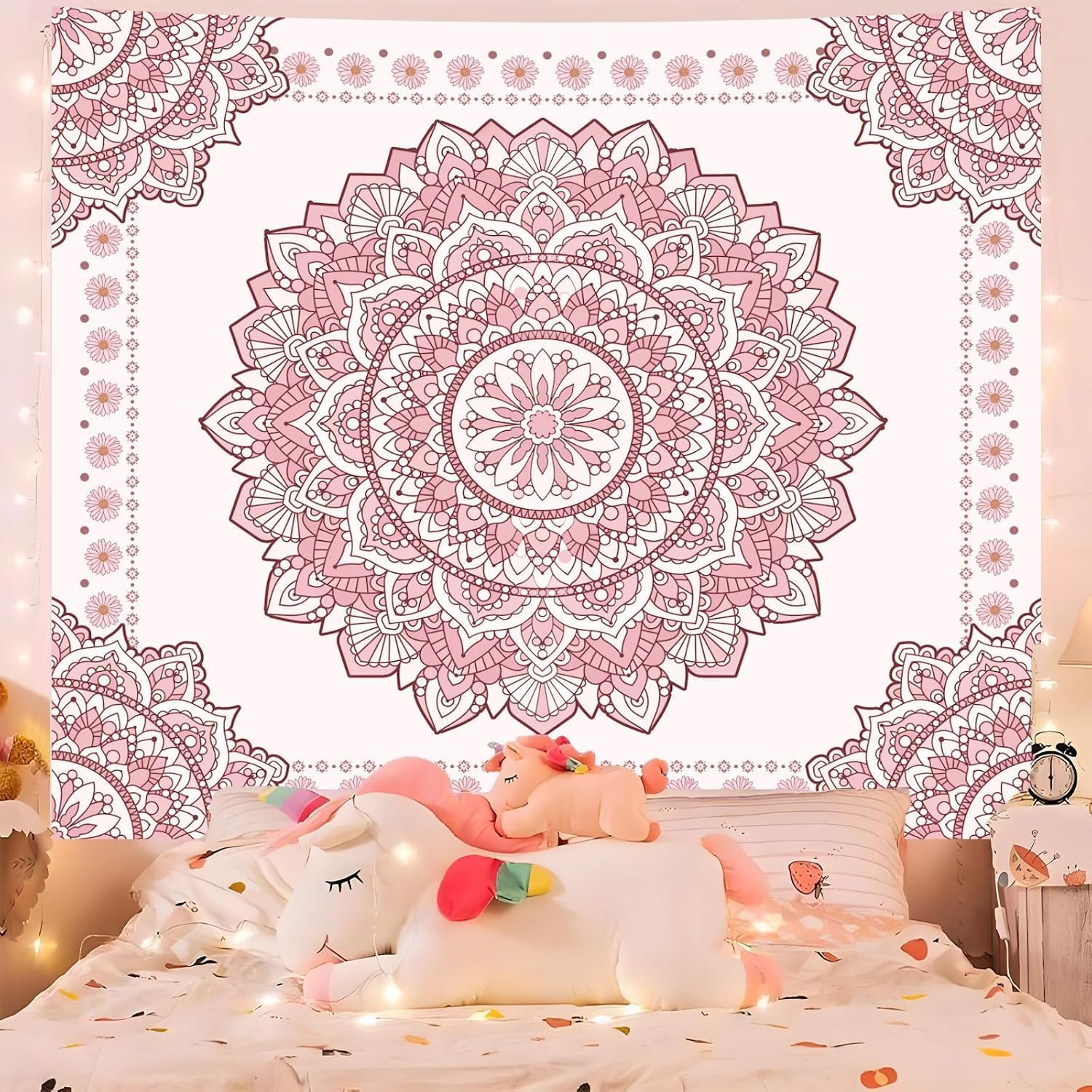 Boho Pink Mandala Wall Tapestry for Bedroom, White and Pink Aesthetic Tapestry Room Decor for Teen Girls, Extra Small Art Floral Wall Hanging for College Dorm 36X48 Inches image number 6