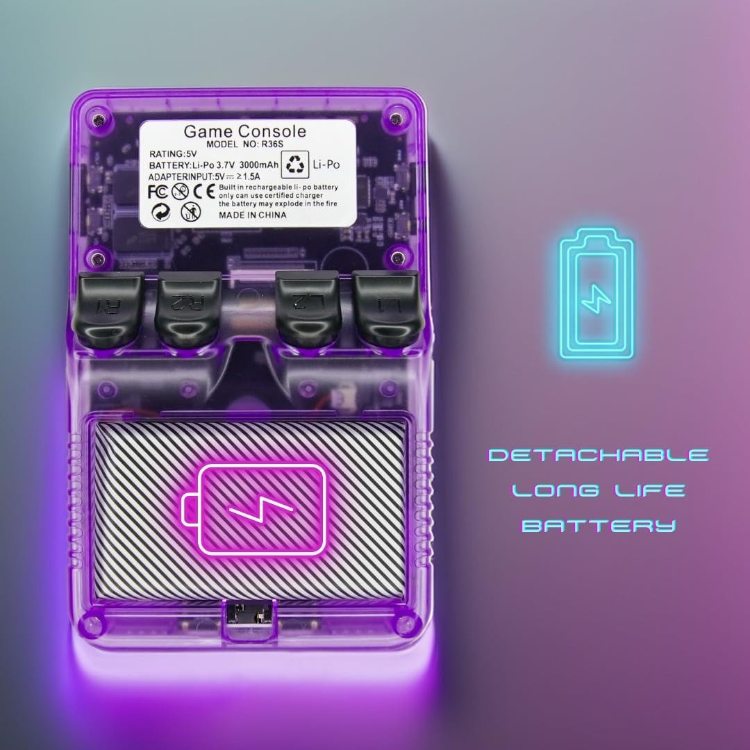 Lumerk R36S Handheld Retro Game Console Air Version(V2.0), 3.5 Inch IPS Screen with Emulator System, 15,000+ Built-In Classic Games, Portable Gaming Console with Dual 3D Joysticks (Transparent Purple) image number 1