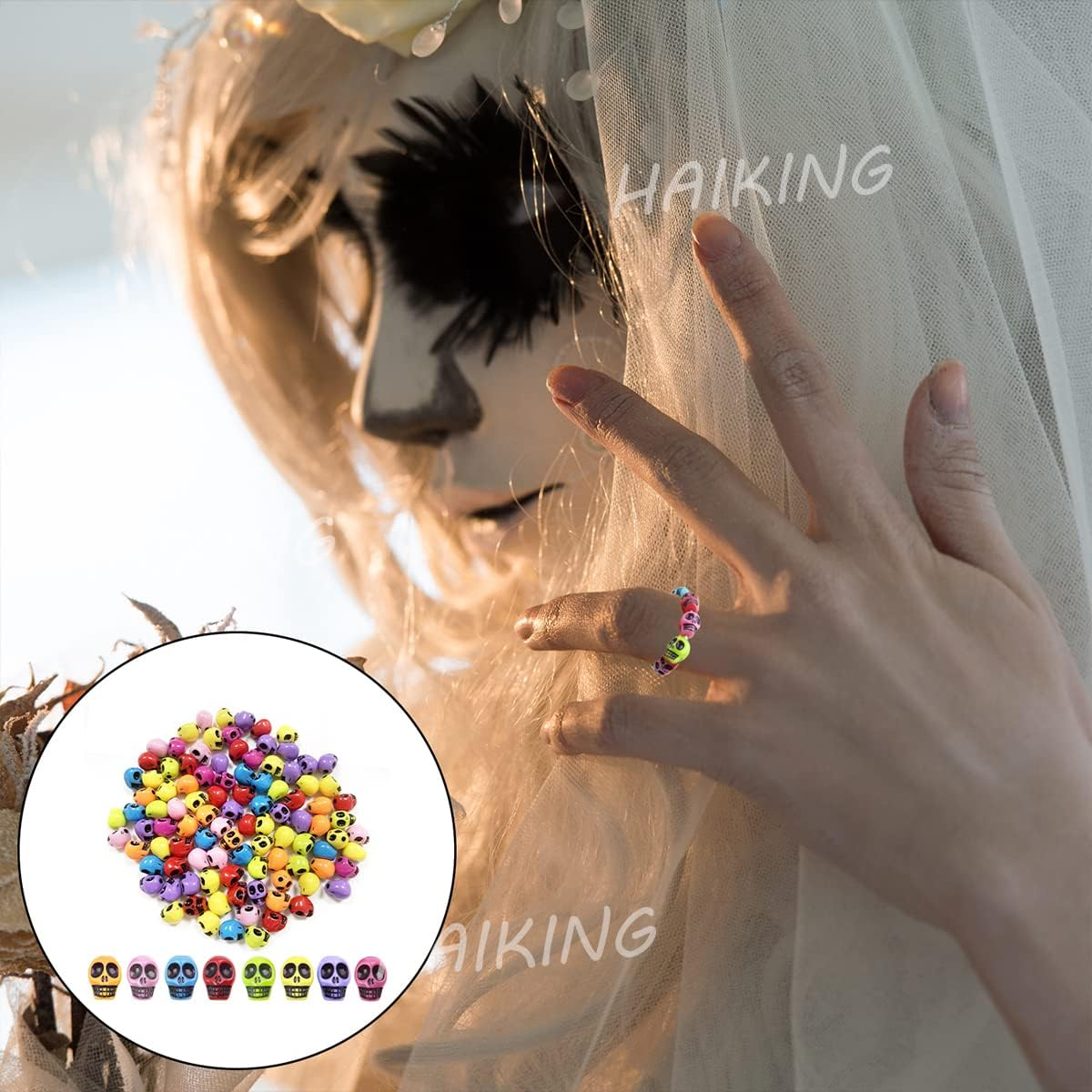 Halloween Spacer Beads, 100 Pcs Colorful Skull Beaded for DIY Craft Projects, Halloween Party Favors, Necklace Bracelet Jewelry Making (8 * 10Mm, Mix Color) image number 1