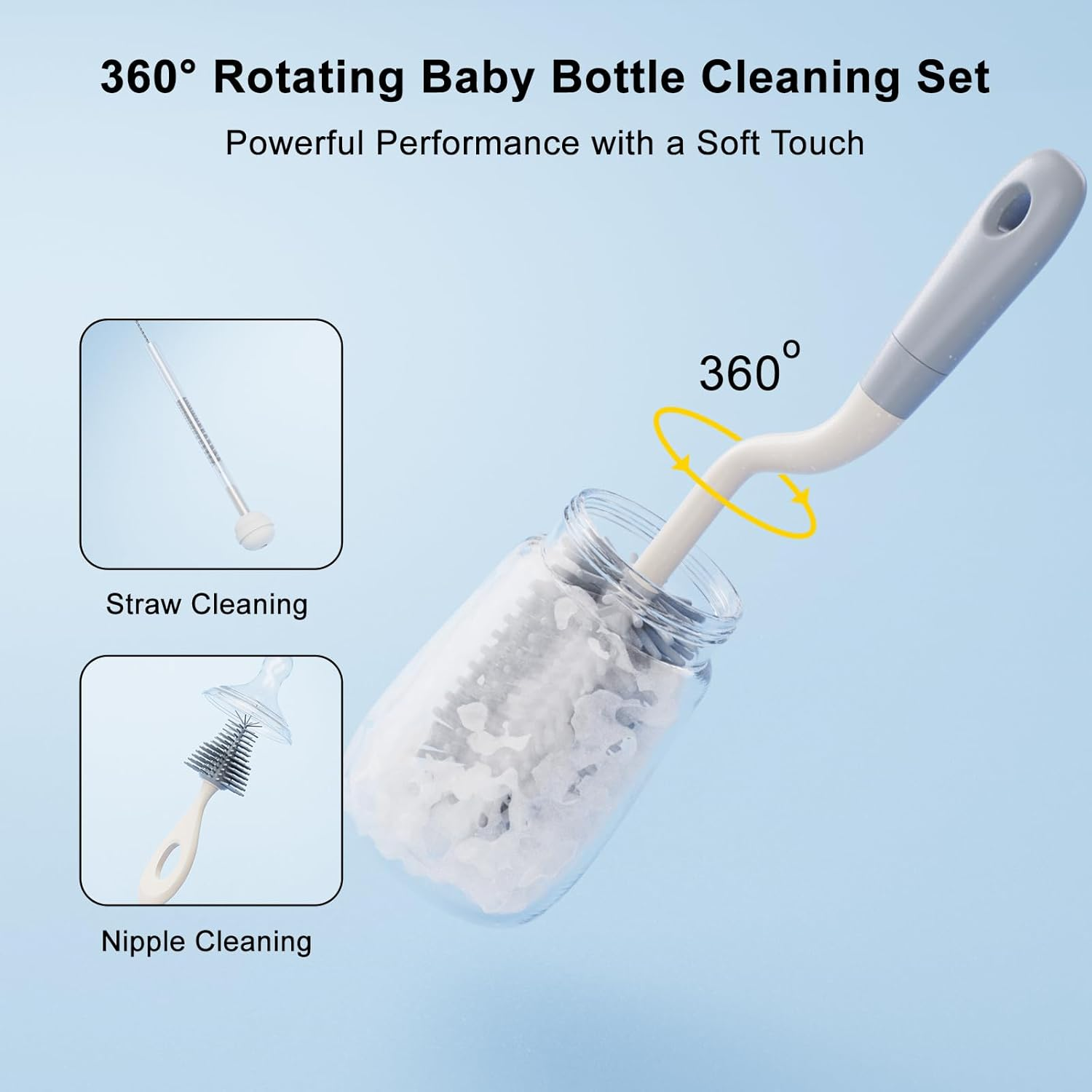 Silicone Bottle Brush Set with Stand, 360&deg; Rotating Bottle Cleaning Brush Cleaner Set, Long Handle 3 in 1 Multipurpose Silicone Baby Bottle Straw Cleaner Brush (Grey) - Green-Orange image number 4