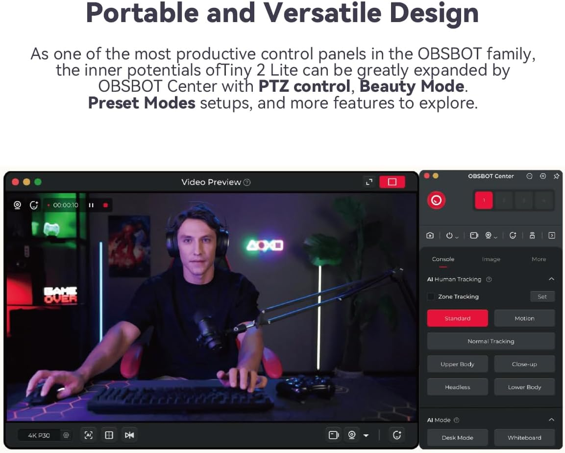 OBSBOT Tiny 2 Lite Ai-Powered 4K PTZ Webcam AI Auto Tracking Stunning UHD 4K Resolution 1/2&rdquo; CMOS Sensor 4X Digital Zoom with Auto Zoom Gesture Control 2.0, W Mini Tripod image number 5