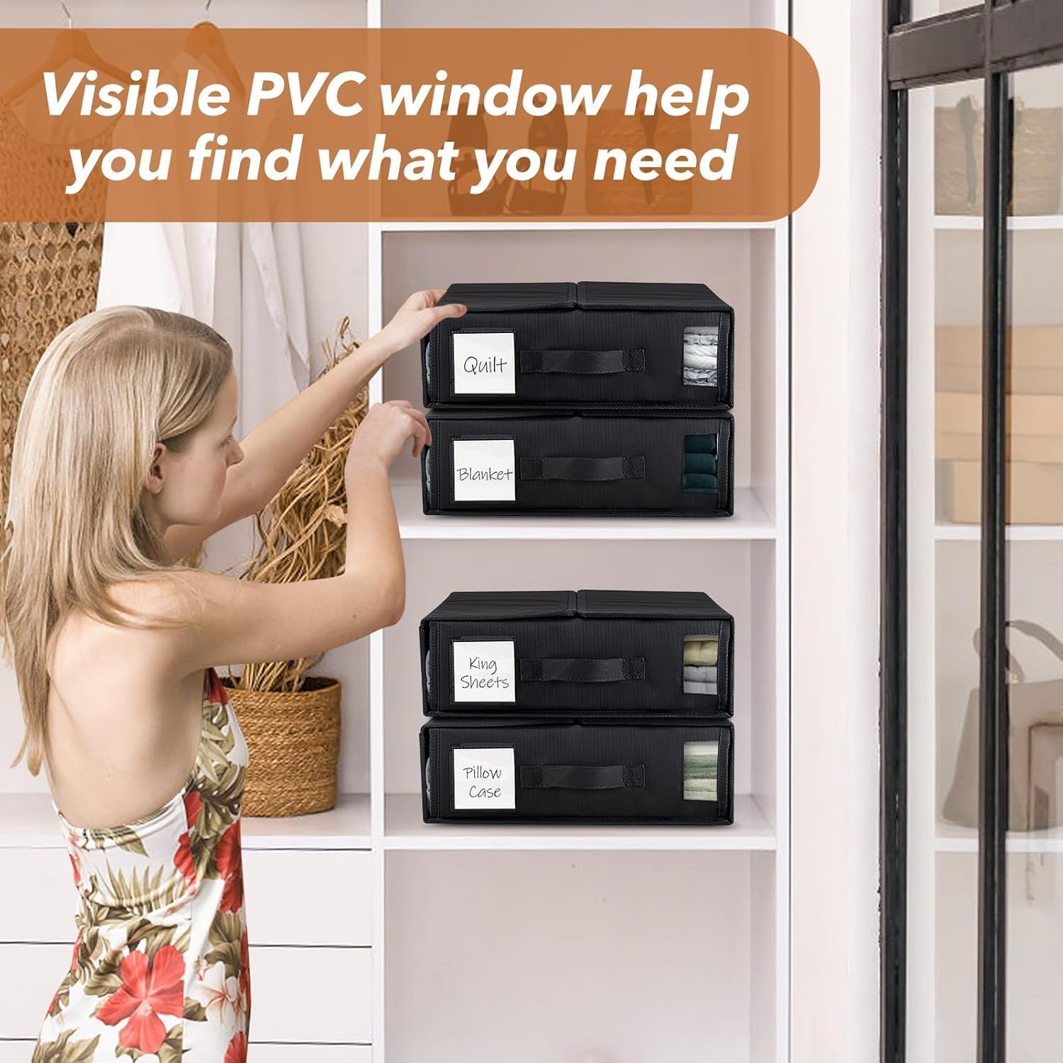 JCQMZB King Size Bed Sheet Organizer - Foldable Bedding Organizer with Reinforced Handle, Clear Window & Replaceable Labels, Thickened Oxford Cloth for Sheets, Covers,And Pillowcases (Black, 6Pcs） - Black image number 6