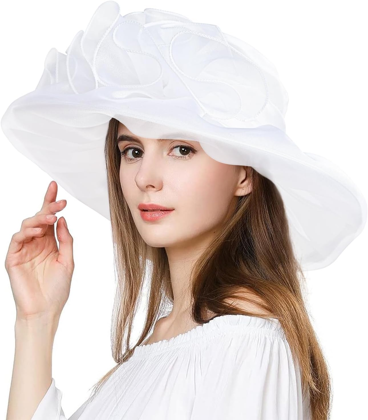 2025 Wide Brim Floral Sun Hat Church Hats for Women Ladies, Organza Feather Racecourse Horse Race Day Fascinator Hats for Tea Party Wedding UV Protection