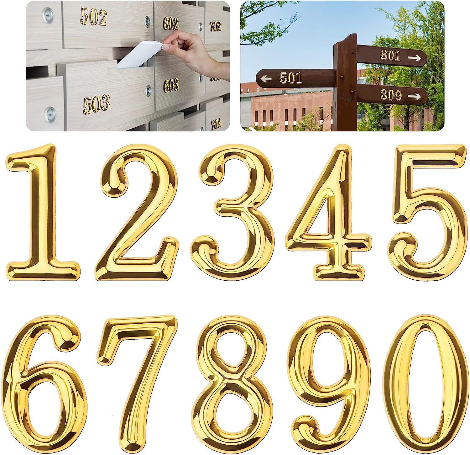 Woration 10 Pcs Mailbox Numbers 0-9 Self-Adhesive 2 Inch Stickers Door Address Number Signs for Hotel Room Apartment Office Residence House Cars Trucks Gold Decoration Project