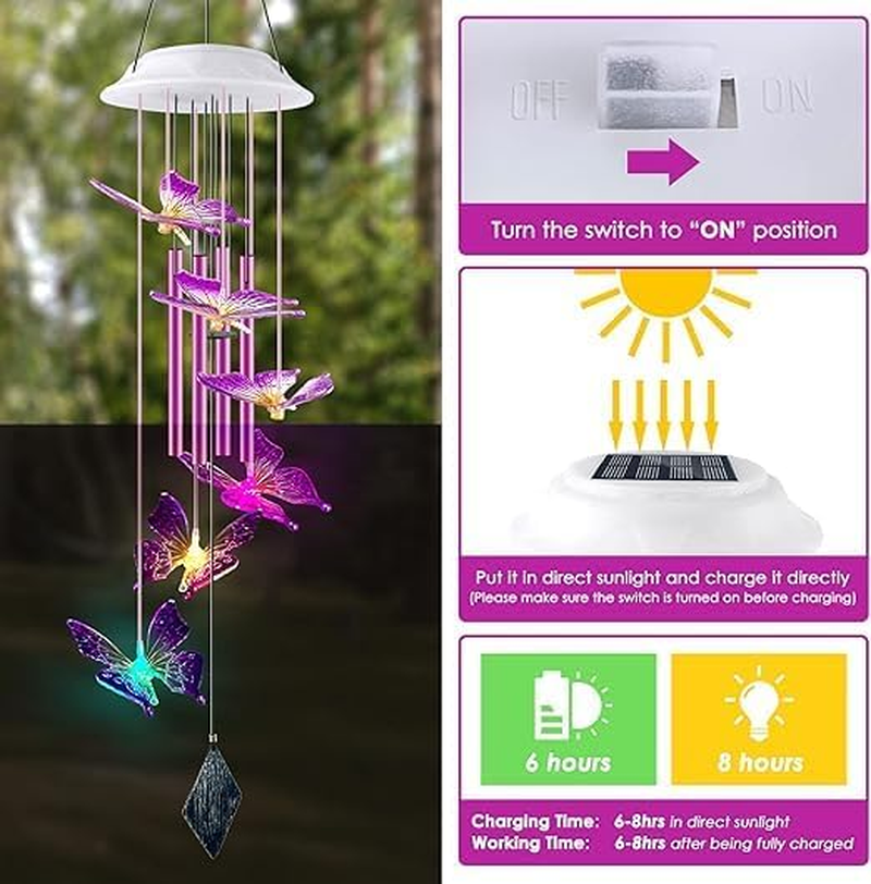 Purple Butterfly Solar Wind Chimes, Valentines Day Gifts for Him, Glowing Top Color Changing Moblie LED Wind Chime for Outside, Outdoor Home Party Garden Decor Light image number 1