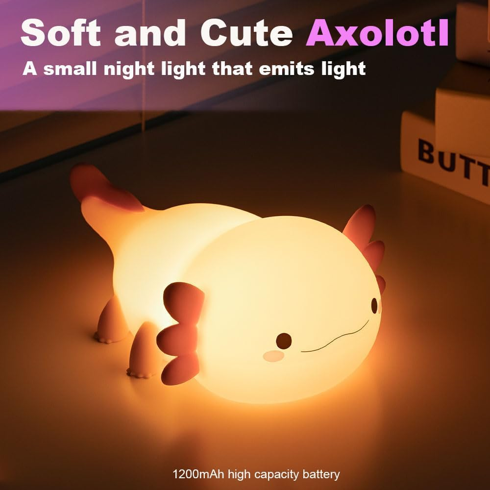 Magical JD Axolotl Night Light for Kids Bedroom, Animal Silicone Nursery Night Lamp Touch Dinosaurs Nightlights USB Rechargeable Bedside Lamp for Baby Children Toddlers Girls Gift (Pink Axolotl) - White Ghost image number 2