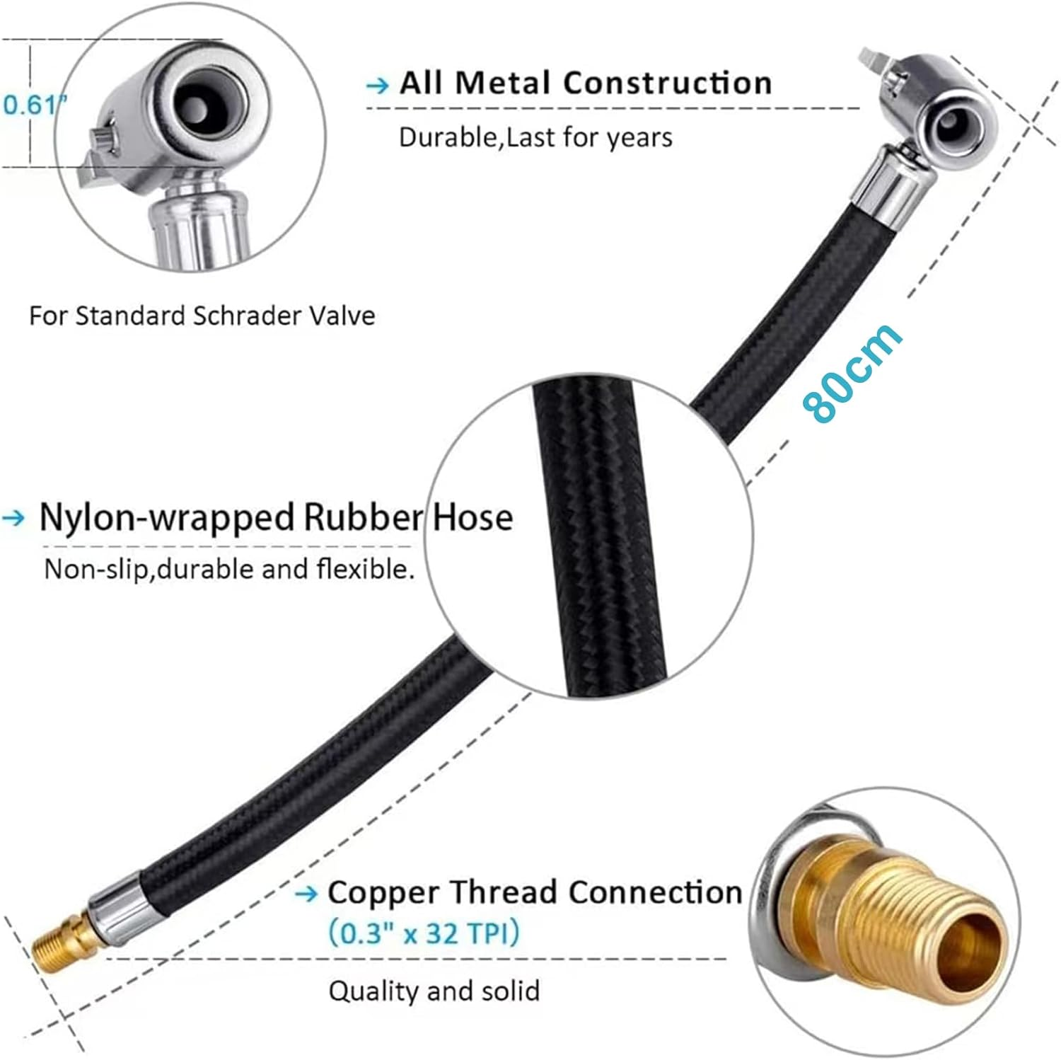 Tire Inflator Hose Adapter, Locking Tire Chuck with Rubber Hose and Standard Tire Valve Fine Thread, Air Inflator Hose Adapter for Twist on Convert to Lock on Connection image number 2