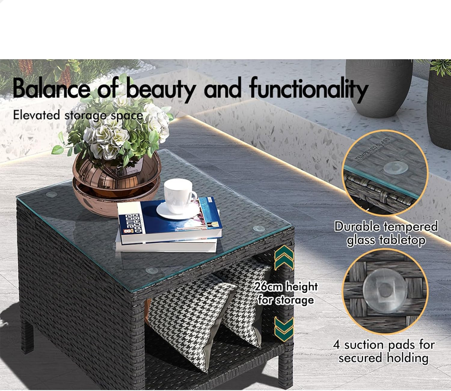 ALFORDSON Outdoor Patio Furniture 3Pcs Conversation Set, Wicker 3 Pieces Lounge Chair & Glass Coffee Table Setting, Steel Frame Garden Rattan Sofa with Cushions, Dark Grey image number 4