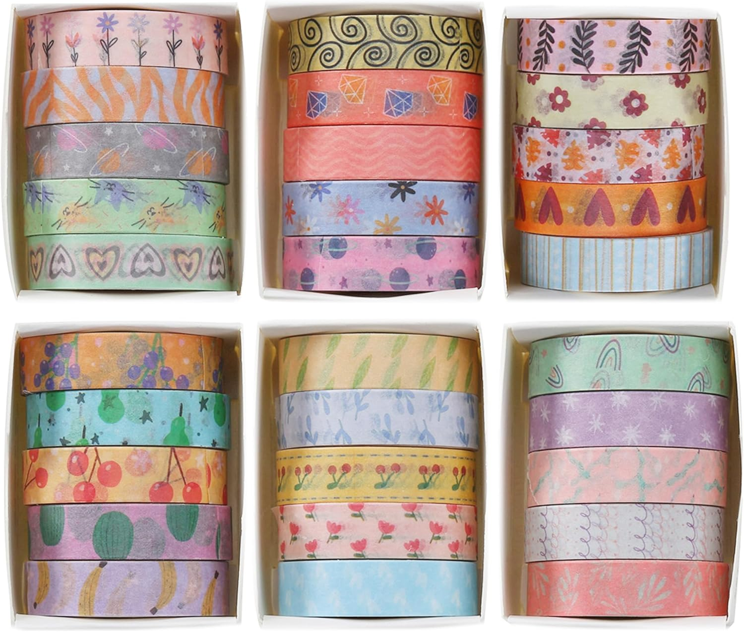 YUBX Basic Washi Tape Set 30 Rolls Cute Patterns Decorative Skinny Slim Masking Tapes for Arts, DIY Crafts, Journals, Planners, Scrapbook, Wrapping (Sweety Two)