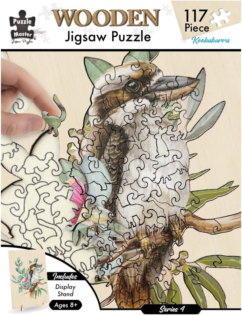 Puzzle Master Wooden Jigsaw Puzzle with Display Stand &ndash; Kookaburra Artistic Animal-Shaped Puzzle for Adults & Kids &ndash; Premium Wood, 117 Pieces image number 2