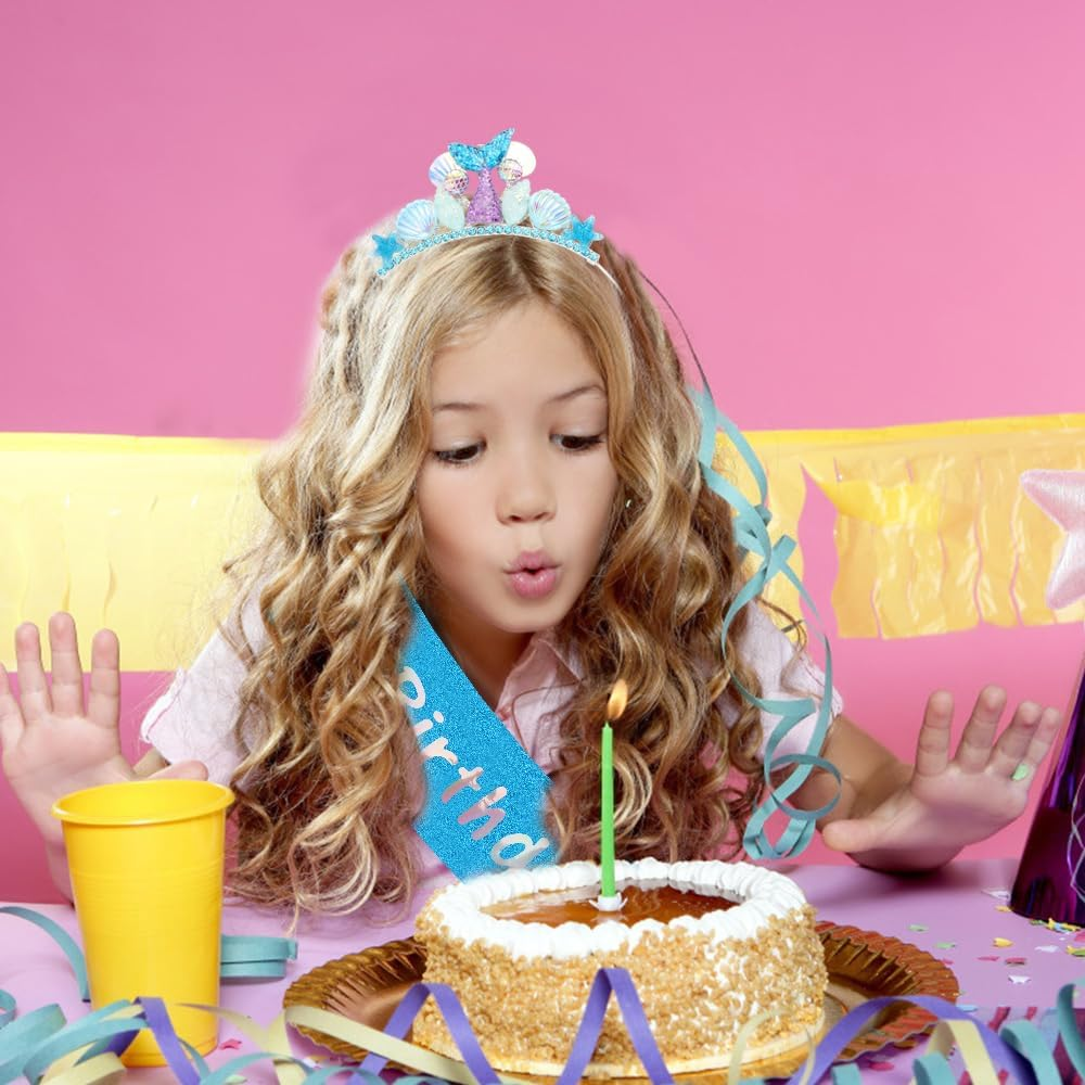 AOPRIE Birthday Girl Sash for Women Girls Mermaid Birthday Headbands Birthday Tiara & Crowns for Girls Happy Birthday Accessories Favor Supllies Blue, 2 Pack