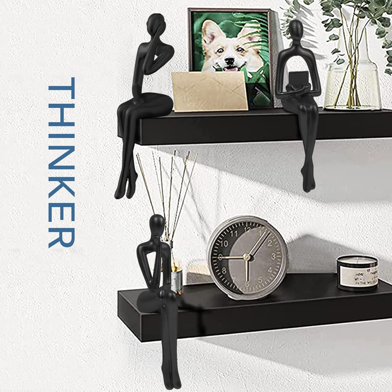 3PCS Modern Decor Sitting Thinker Abstract Art Sculpture, Collectible Resin Statue, Figurines Accent Home for Office Desktop (Black) image number 3