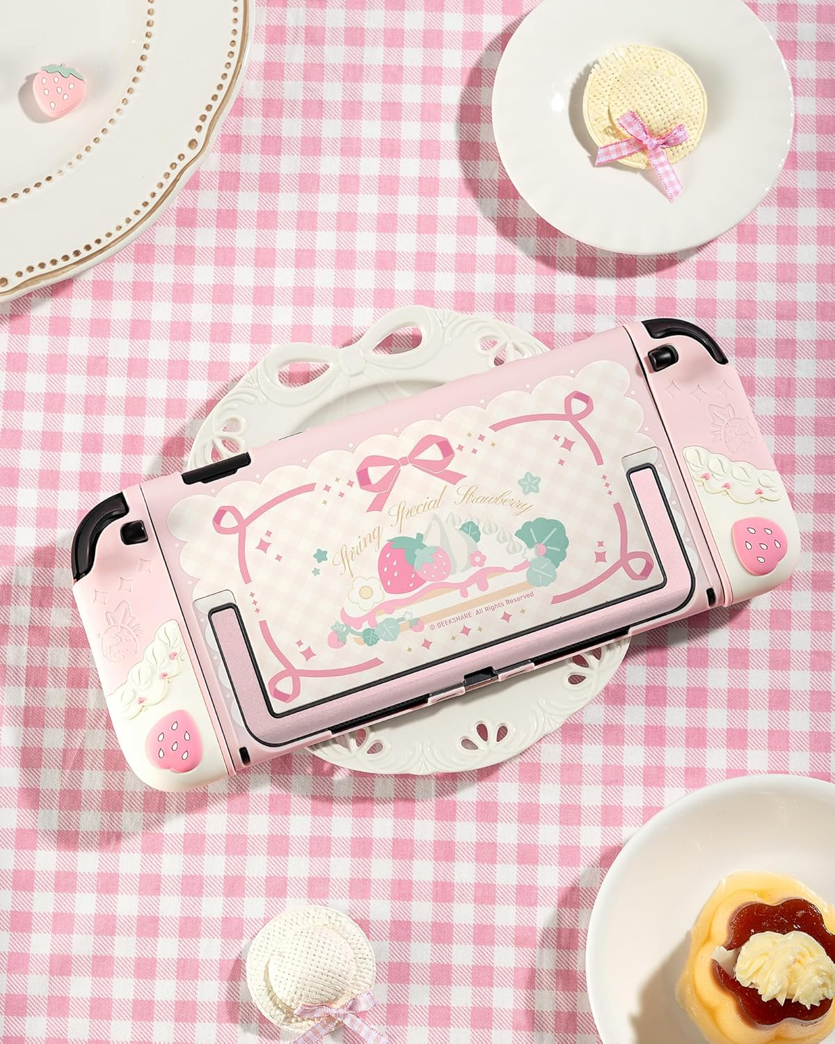 Geekshare Strawberry Protective Case Compatible with Switch 2, Slim Separable Soft Silicone Cover Shell with 2 Thumb Grip Caps for Switch 2025 Game Console & Joystick (Pink) - Pink image number 6