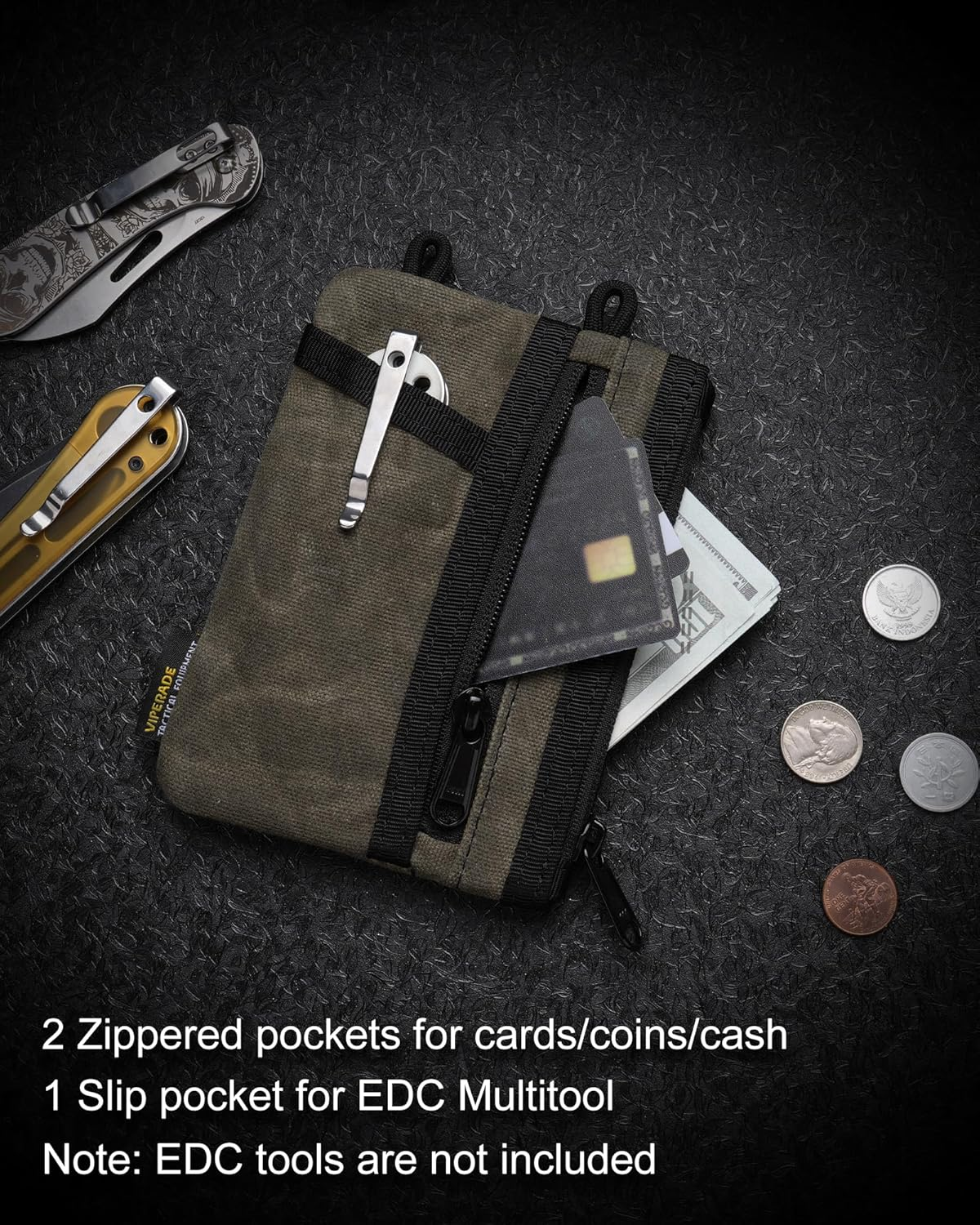 VIPERADE VE16N-OW Waxed Canvas Small EDC Pouch with 7 Pockets, Pocket Organizer Pouch for Men, Small Tool Pouches for EDC Multitools Pocket Knife Flashlight image number 1