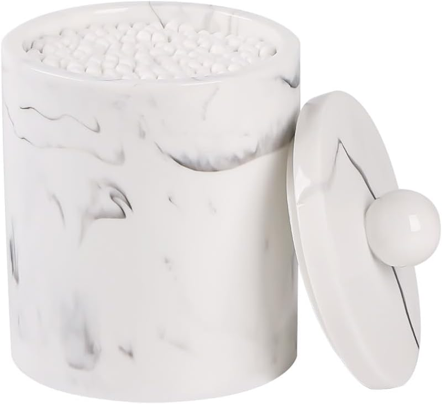 Tonxus Bathroom Vanity Countertop Divided Jars with Lid,Cotton Swab Holder,Resin Cotton Ball Container Makeup Sponges Cosmetics Canister,Bath Salts Storage Box (Marble White of 2)