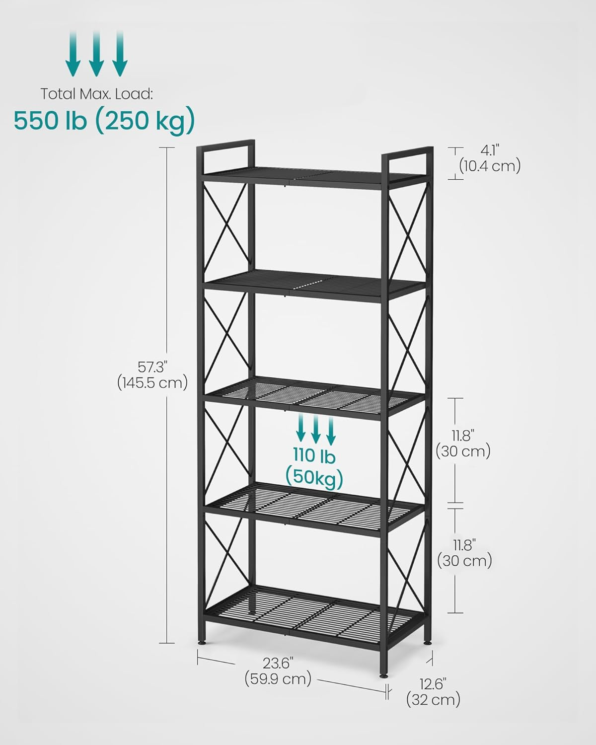 SONGMICS 5-Tier Metal Storage Rack, Shelving Unit with X Side Frames, Dense Mesh, 12.6 X 23.6 X 57.3 Inches, for Entryway, Kitchen, Living Room, Bathroom, Industrial Style, Black UBSC165B01 image number 2