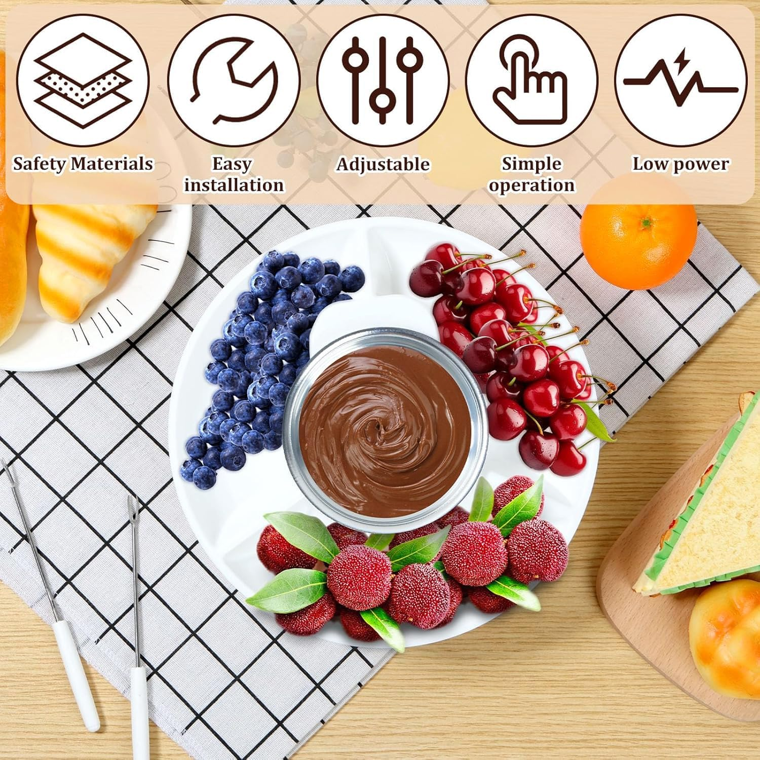 Electric Fondue Set with 4 Forks, Melting Pot for Cheese, Chocolate and Tapas, Electric Melter for Chocolate Melts, DIY Candy Maker for Dessert, Special Occasion, Birthday Party (White) image number 6