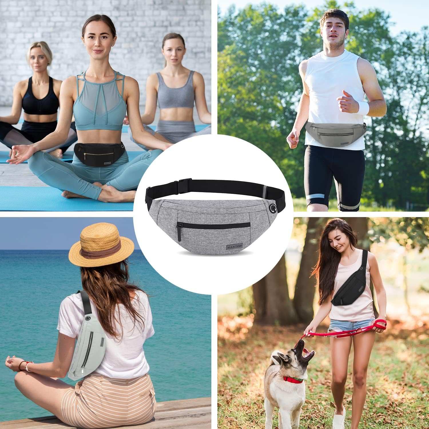 Large Fanny Packs for Women Men with 4-Zipper Pockets,Gifts for Enjoy Festival Sports Workout Traveling Running Casual Hands-Free Water-Resistant Waist Pack Bag Wallets Carrying All Size of Phones - Black(Washed Nylon With Silver Metal Zipper) image number 7