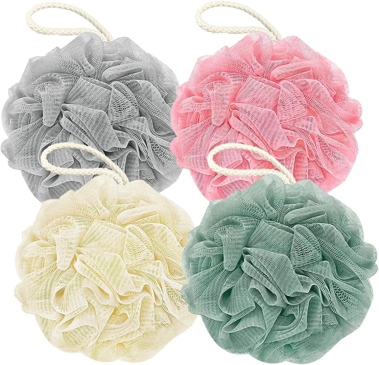 Shower Loofah Bath Sponge, 60G Loofah Exfoliating Body Scrubber, 4 Color Mesh Shower Pouf Balls for Body Wash (Ice Cream) image number 1