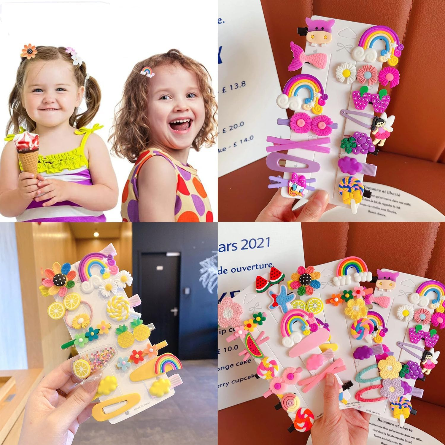 Baby Girls Hair Clips, 56 Pcs Hair Clips for Girls, Toddle Hair Pins, Fully Lined Alligator Hair Rainbow Accessories Cute Cartoon Fruit Dessert Barrettes for Toddlers Girl Teens Kids