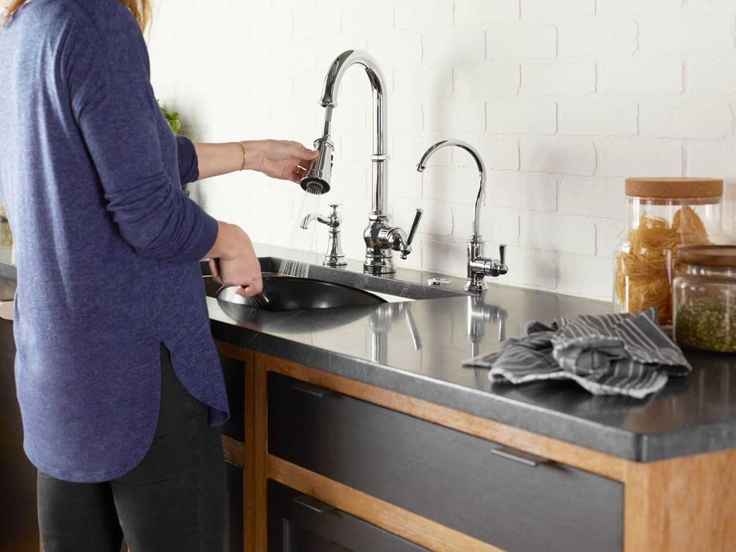 Moen S3945C Traditional Deck Mounted Kitchen Soap Dispenser with above the Sink Refillable Bottle, Chrome - Matte Black image number 6