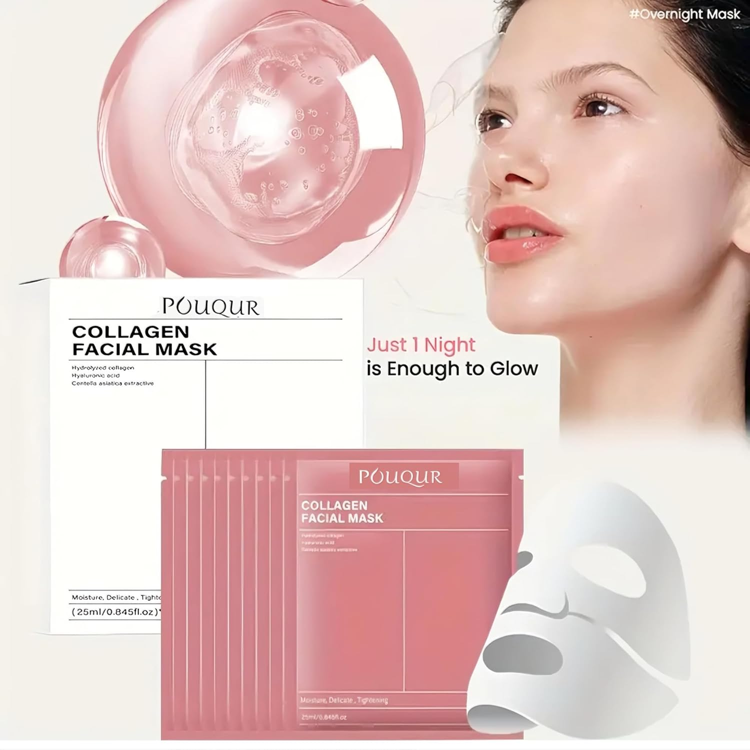 8Pcs Collagen Mask, Hydrating Overnight, Bio-Collagen Sheet Mask for All Skin Types Anti-Aging - Minimize Wrinkles & Boost Elasticity, Plump Skin Treatment image number 1