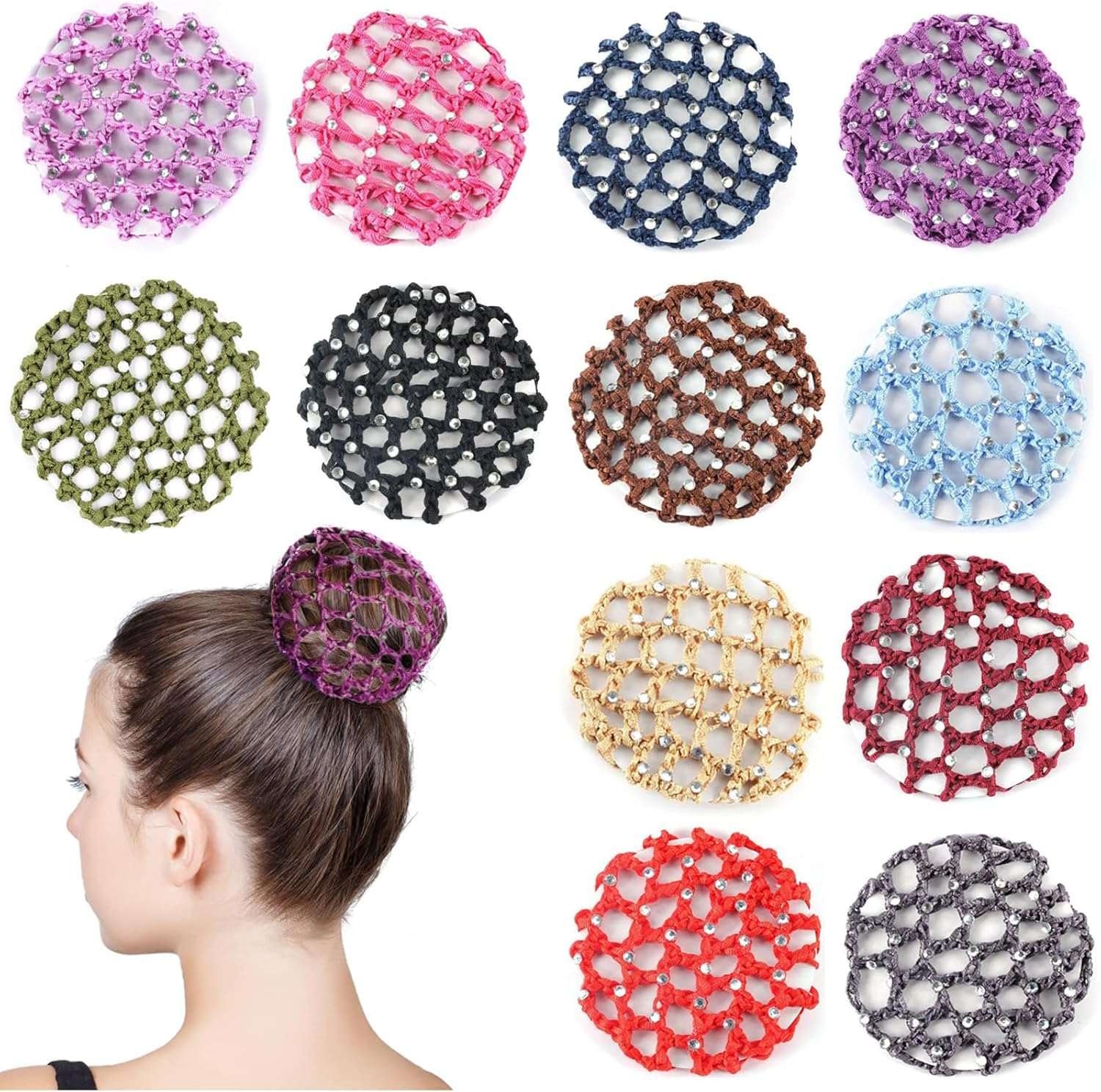 Hair Net Bun 12 Pieces Rhinestone Bun Cover Crystal Hair Net Bun Hair Net Set Hairstyle Aid Fabric Knot Net for Gymnastics Rhythmic Sports Gymnastics Ballet Figure Skating image number 4