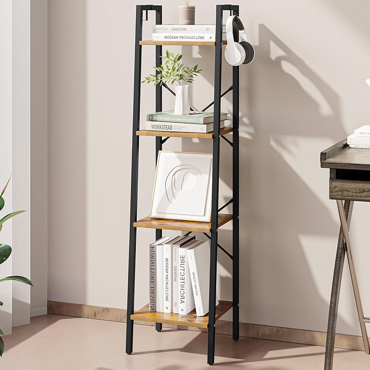 Hzuaneri Ladder Shelf, Bookshelf Bookcase, Freestanding Corner Storage Shelve with 2 Hooks for Home Office, Living Room, Kitchen, Bedroom, Industrial, 5-Tier Black BC03204B