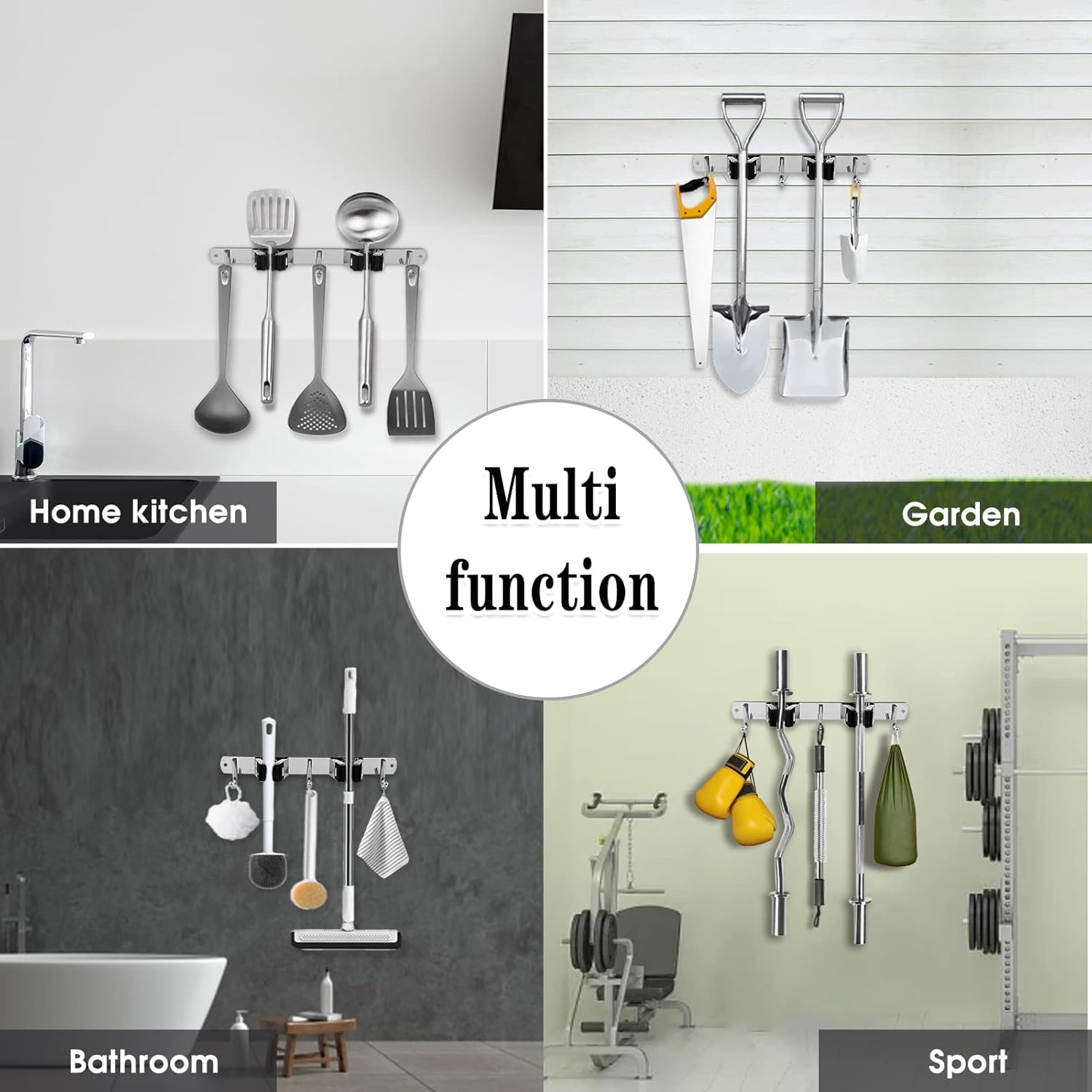 Broom and Mop Holder Wall Mounted Garage Organizer Storage Tool Racks Stainless Steel Heavy Duty Hooks Self Adhesive Solid Non-Slip Rustproof Durable Wall Hangers for Home, Kitchen, Garden, Laundry Room, Garage Organization and Storage (2 Racks & 3 Hooks)