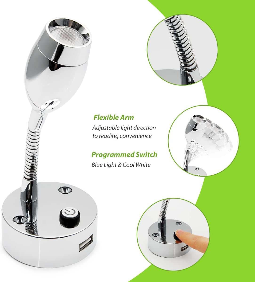 Dream Lighting 12V LED Reading Mini Spot Lights Book Bedside Map Ipad Lamp Caravan RV Motorhome Boat Marine Yacht with USB Charging Port Cool White/Blue Flexible Arm Pack X2 image number 4