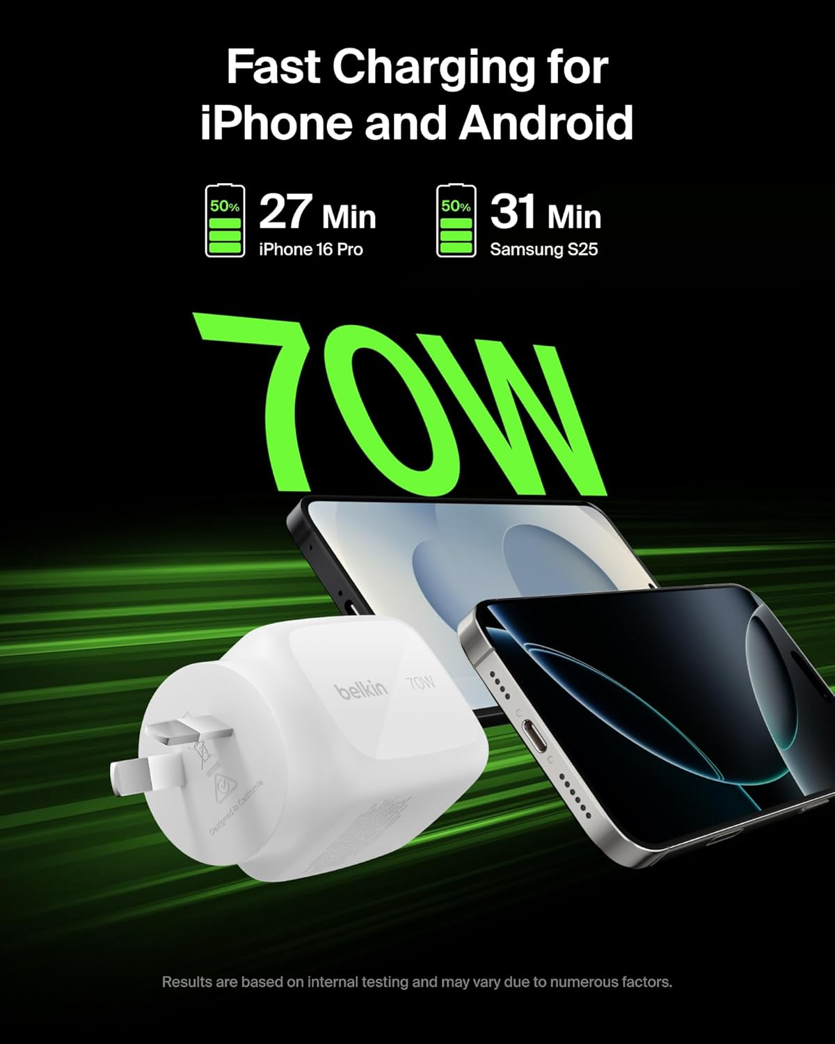 Belkin 3-Port USB C Charger Block 70W, Multi-Port Gan Wall Charger W/ 2X USB C Ports & 1X USB a Port, Fast Charging for Macbook, Iphone 16, Ipad Pro, Samsung Galaxy S25, Google Pixel, & More - White