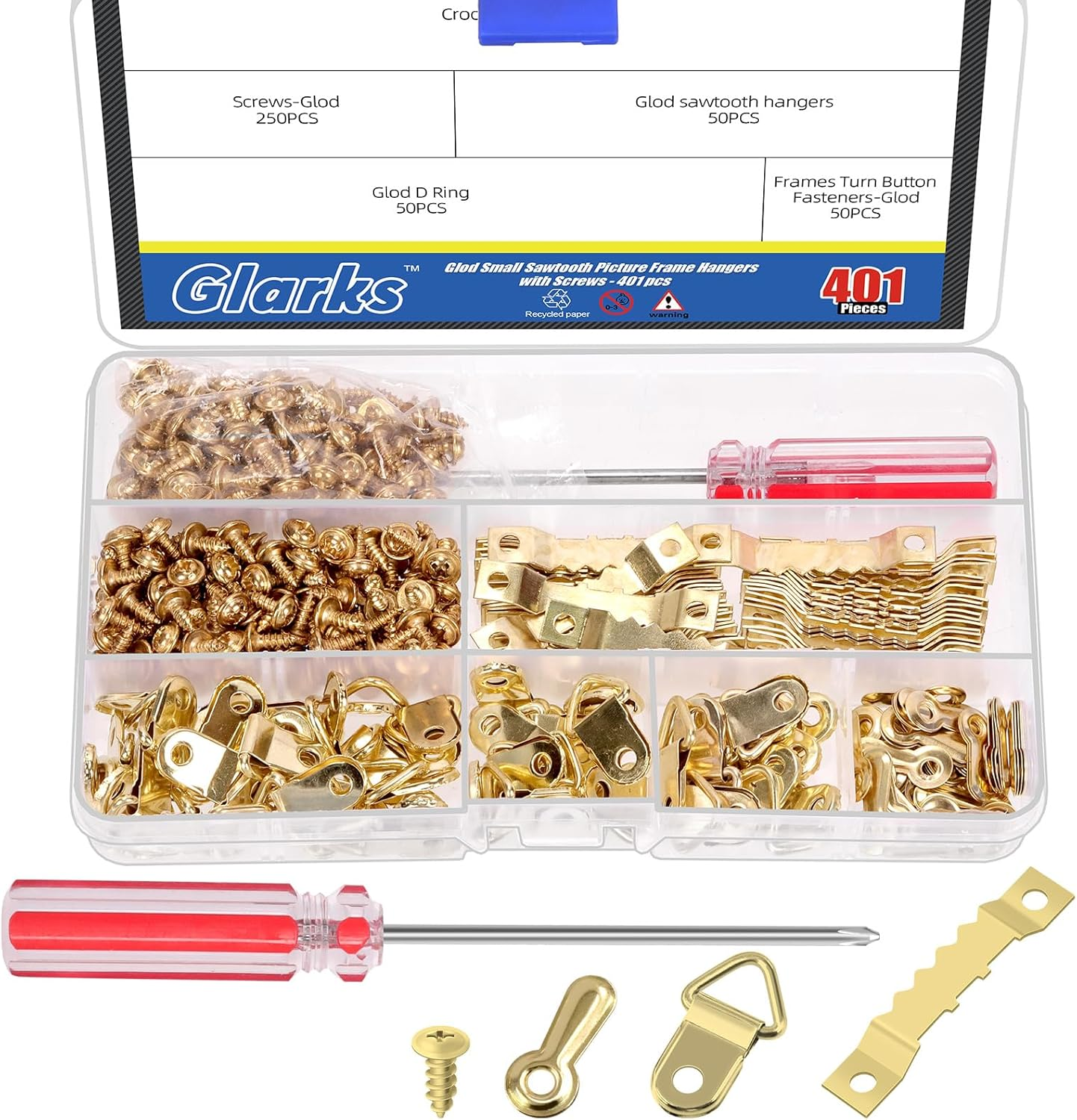 Glarks 401Pcs Silver Picture Hanging Kit, Include 50Pcs Sawtooth Picture Frame Hangers, 50Pcs Frame Turn Buttons, 50Pcs D Ring Picture Hangers, 250Pcs Screws and 1Pcs Screwdriver for Hanging Photo