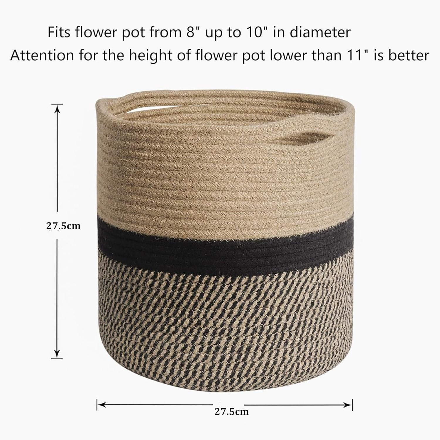 2Pcs Jute Cotton Rope Plant Basket, Woven Baskets for 27Cm Inch Flower Pot Home Decor, round Indoor Planters Storage Organizer, Brown Black 27 * 27 * 27Cm