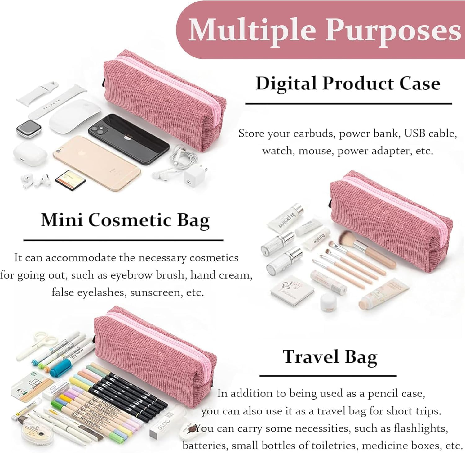 Pencil Case,Small Portable Corduroyfabric Pen Holder Storage Bag for Home School Office,Makeup Pouch Cosmetic Bag Office Stationery Organizer for Girls Boys Kids Adult (Pink)