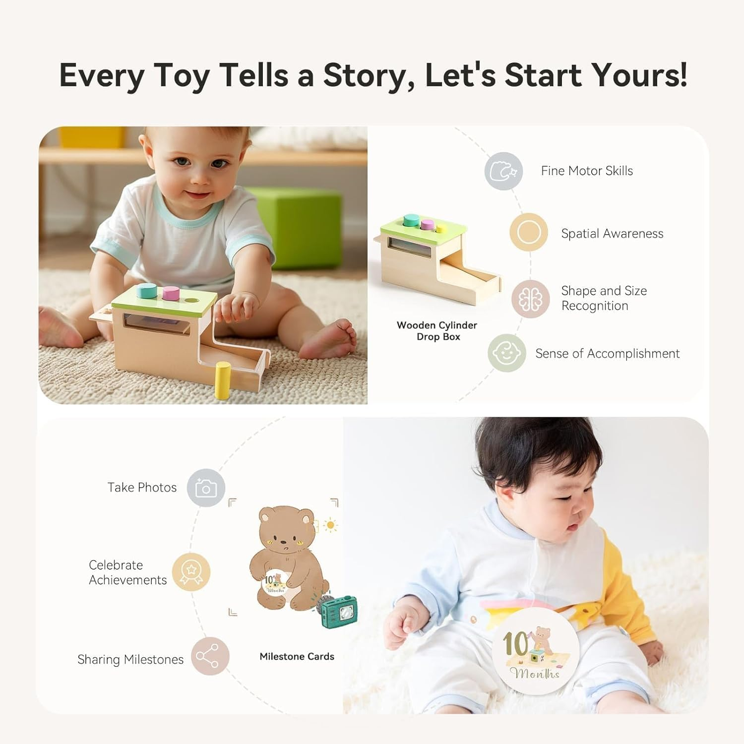 Montessori Toy for Babies 9-12 Months, 7-In-1 Wooden Playful Learning Toys with Egg Cup, Castanets, Magic Tissue Box, Textured Shape Puzzle, Cylinder Drop Box and More image number 5