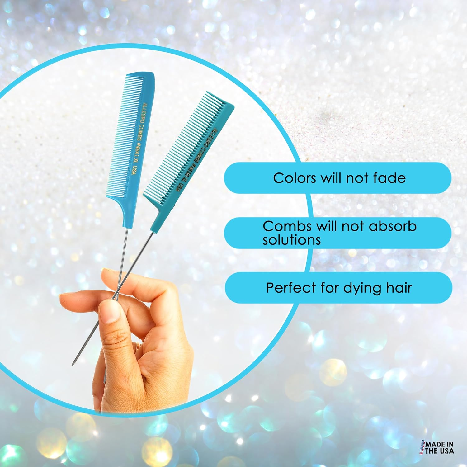 Allegro XL Pintail Rat Tail & Parting Combs - Metal Tail Foiling & Pin Combs (2 Pc. BLUE & AQUA) - Black,Blue image number 3