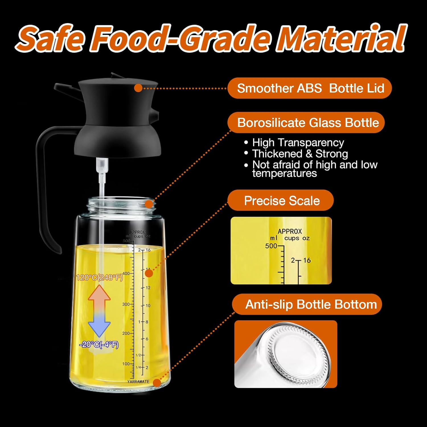 YARRAMATE Large Capacity Oil Bottle 18Oz/550Ml Olive Oil Sprayer Mister with Measuring Scale, 2-In-1 Glass Bottle Dispenser for Cooking, Pour and Spray, Kitchen Use for Air Fryer, BBQ (Black & White) image number 2