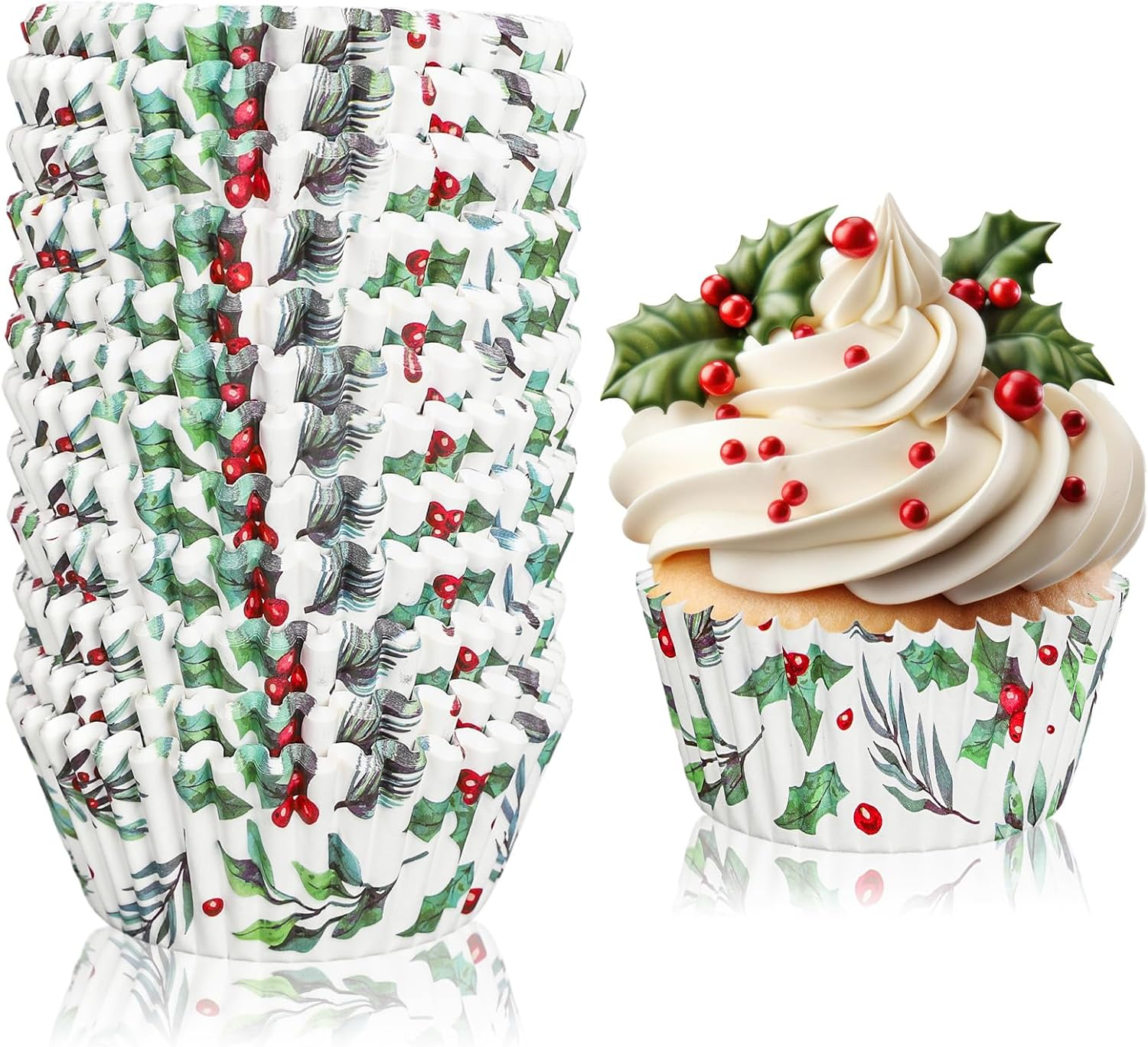 Whaline 300Pcs Christmas Cupcake Liners Holly Print Baking Cups Holders Watercolor Holly Jolly Cupcake Wrappers Red Green Berry Muffin Liners for Xmas Holiday Birthday Party Supplies image number 2