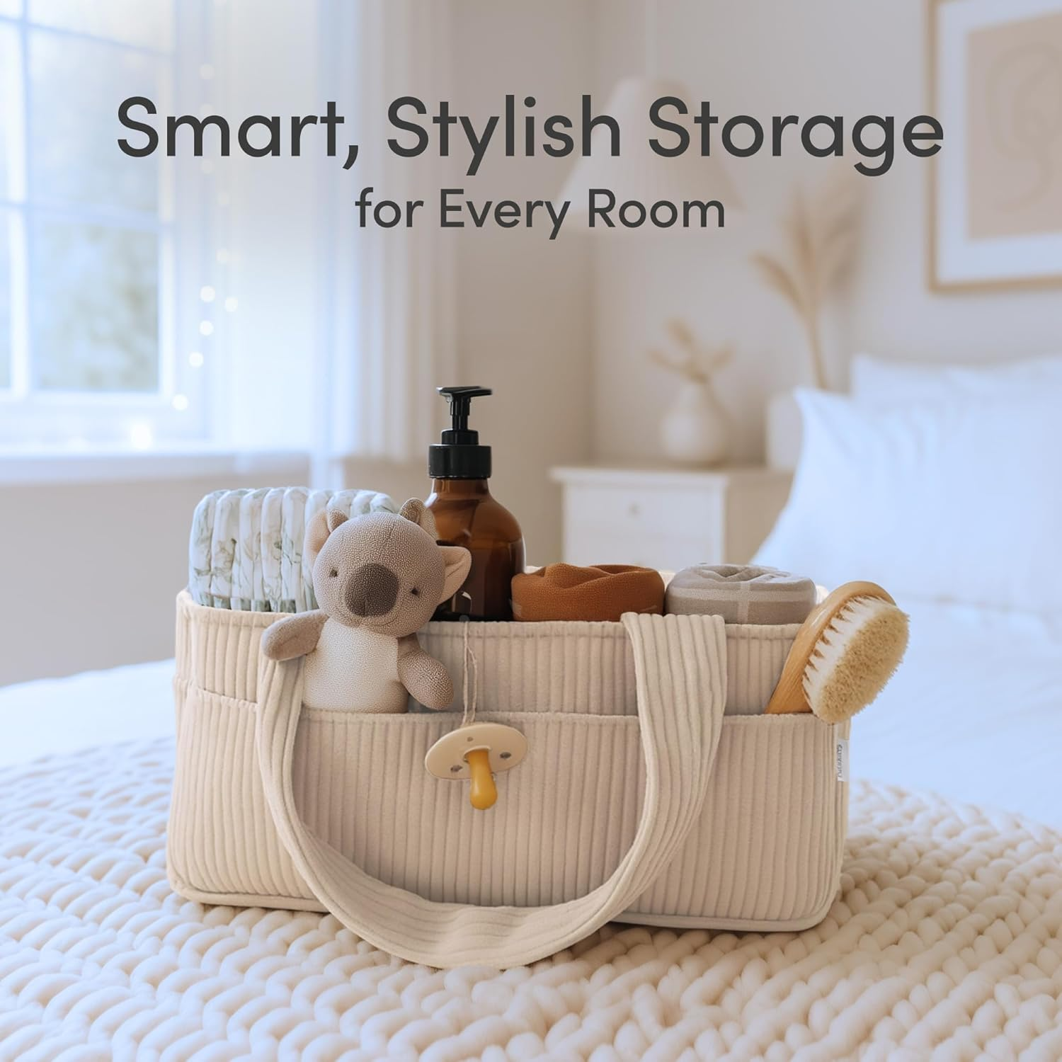 PUTSKA Baby Nappy Caddy Organiser for Changing Table &ndash; Stylish Nursery Storage Basket, Newborn Essentials, Baby Shower Gifts and Registry Must-Haves for Boy or Girl, Car Nappy Caddy, Corduroy Cream - Mocha image number 5