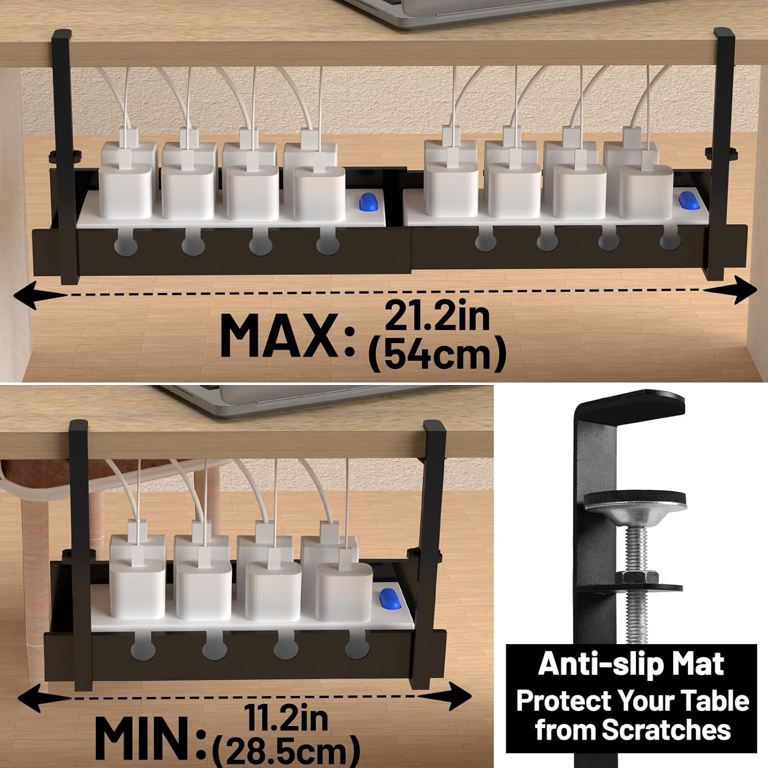 Extendable under Desk Cable Management Tray,11-21Inch Expandable Non-Drilled Metal Cable Management Tray with Desk Clamp,Cable Management Rack for Home Office Vertical Desk image number 4