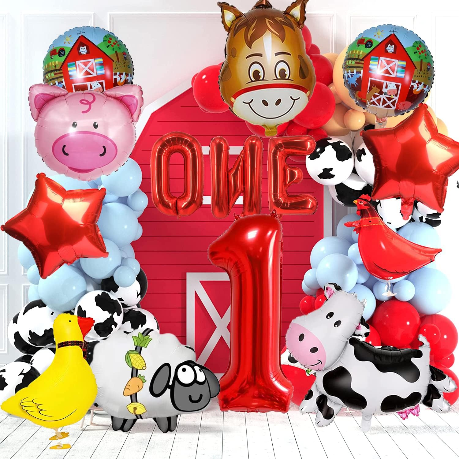 14 PCS Farm Animal Balloons Cow Sheep Duck Rooster Pig Donkey Balloons Barnyard Balloon Supplies with Large Number 1 Foil Balloon for Farm Animal Theme 1St Birthday Party Decor Supplies image number 3