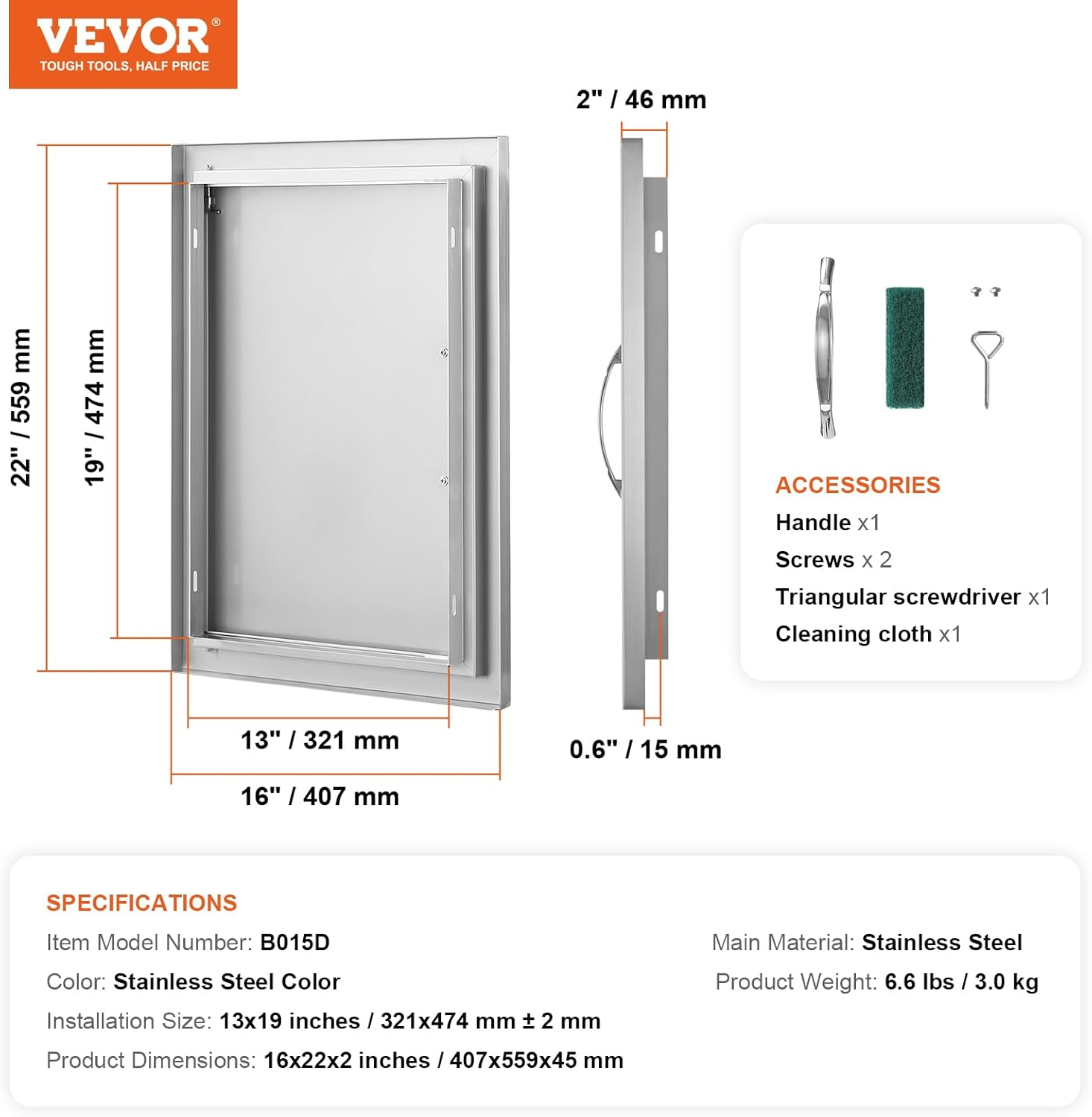 VEVOR BBQ Access Door, 407X559 Mm Single Outdoor Kitchen Door, Stainless Steel Flush Mount Door, Wall Vertical Door with Handle, for BBQ Island, Grilling Station, outside Cabinet