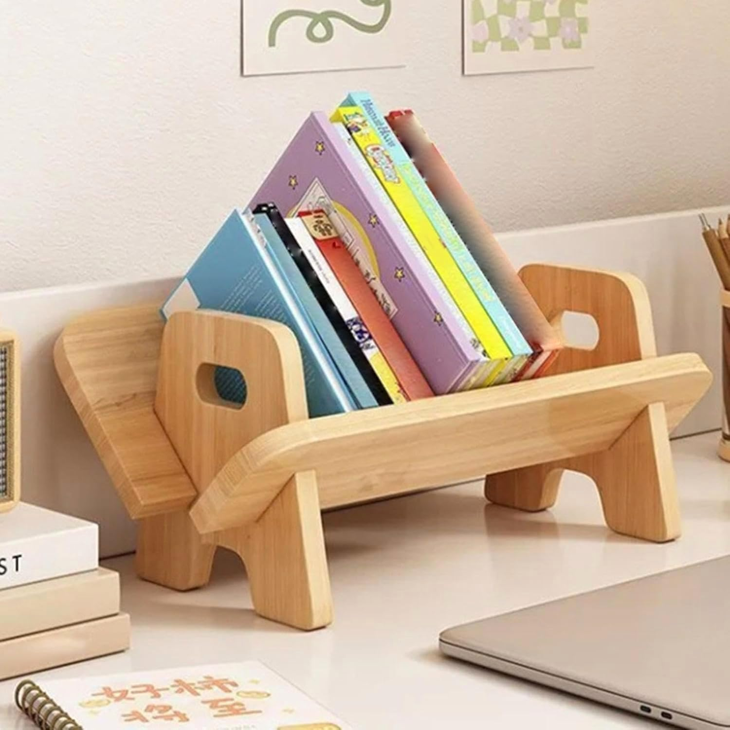 Solid Wood Minimalist Desk Bookshelf, Small Wood Tilting Bookshelf, Desk Organizer Bookstand, Smooth Display Bookshelves, Wear-Resistant Small Bookstand Storage Rack for Bedroom Offices