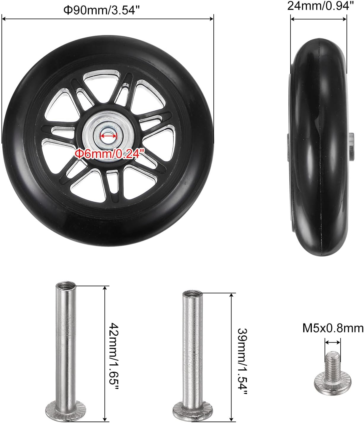 Uxcell Replacement Luggage Wheels 90X24Mm Suitcase Wheel Repair Kits Include 4 PU Bearing Wheels & Washers, Wrenches & Axle Screw for Trolley Bag, Inline Skate and Caster Board image number 4